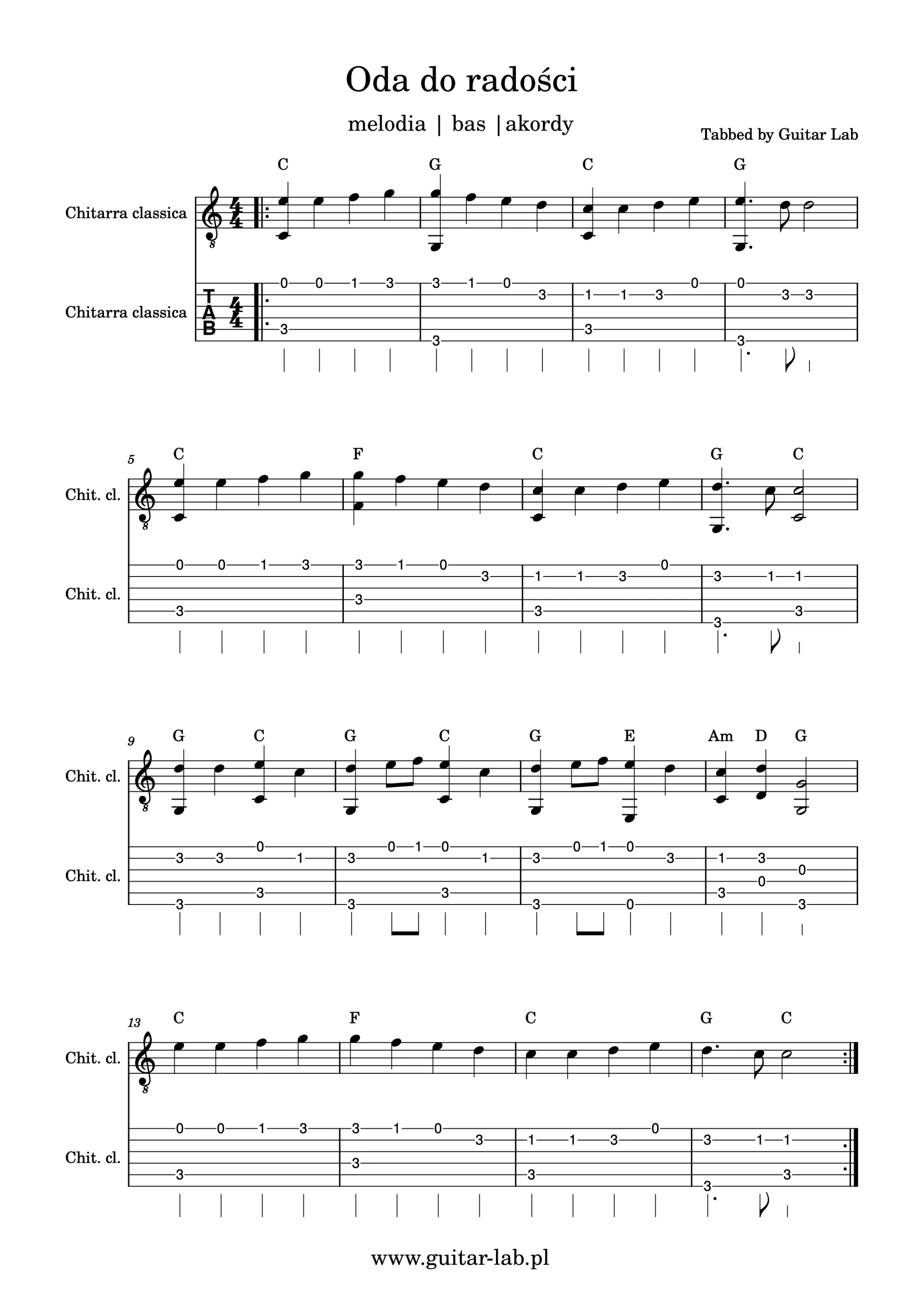 Oda do radości melodia bas akordy nuty i tabulatura na gitarę