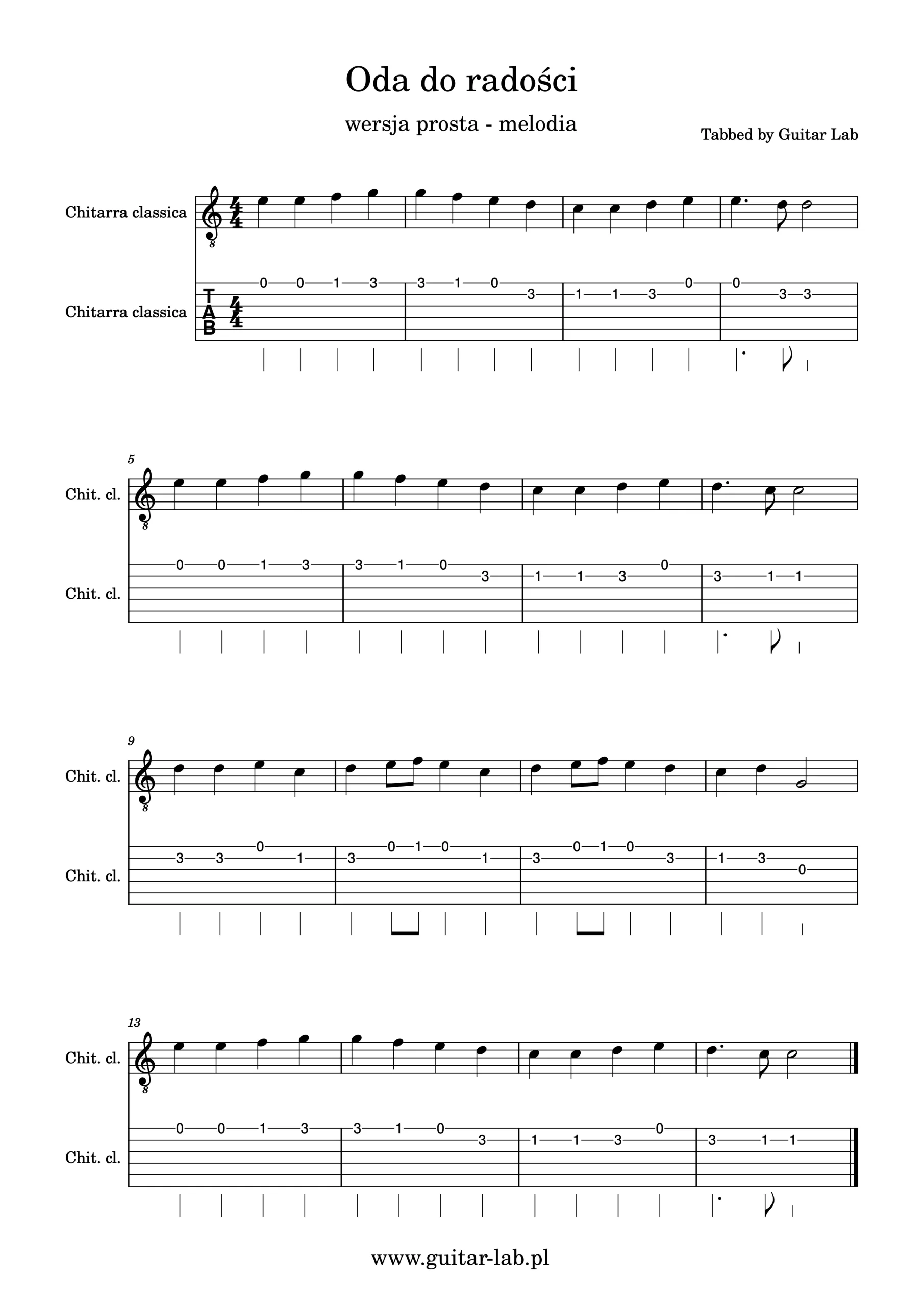Oda do radości tabulatura wersja prosta melodia na gitarę